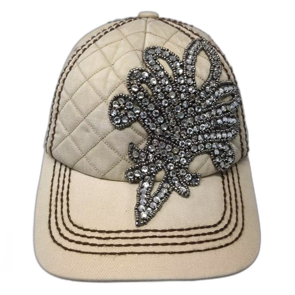 Olive & Pique Baseball Cap Beige Brown OS Rhinestone Fleur-de-lis Quilted Hat